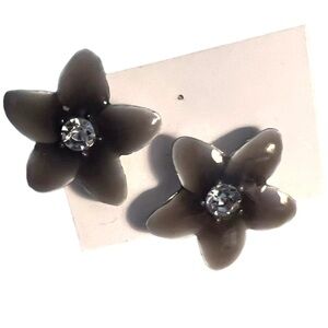 Vintage Gray Flower Rhinestone Enamel Stud Earrings